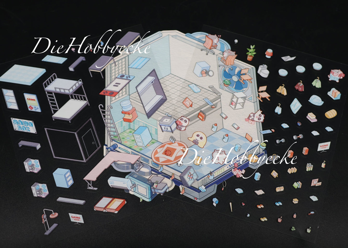 3D Scene Sticker blauer Schlafsaal