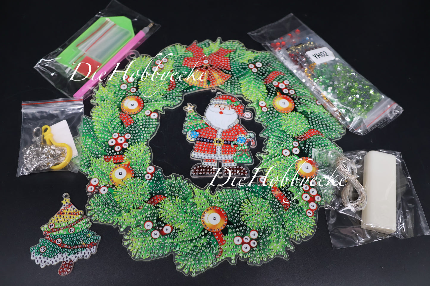 Diamond Painting Weihnachtskranz-Lampe Motiv Nikolaus+Weihnachtsbaum