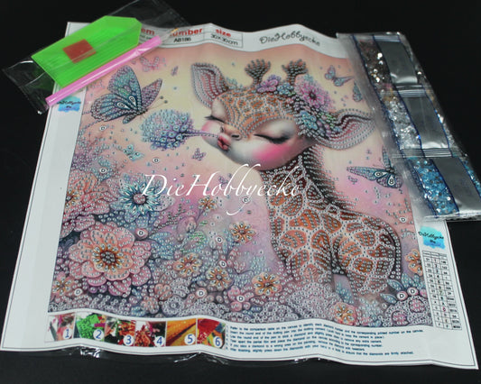 Diamond Painting Teilbild pustende Giraffe im Blumenmeer