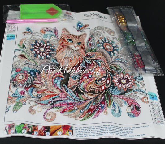 Diamond Painting Teilbild Katze mit Blumen
