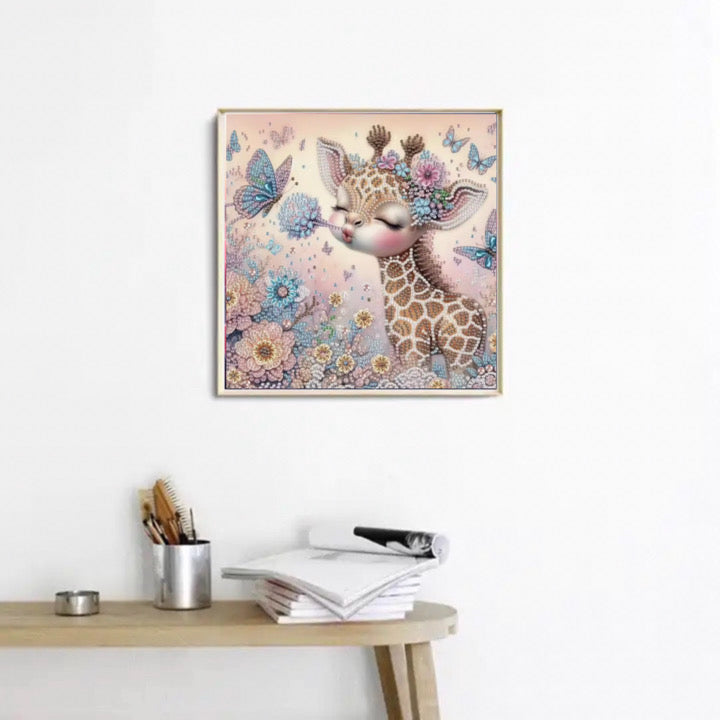 Diamond Painting Teilbild pustende Giraffe im Blumenmeer