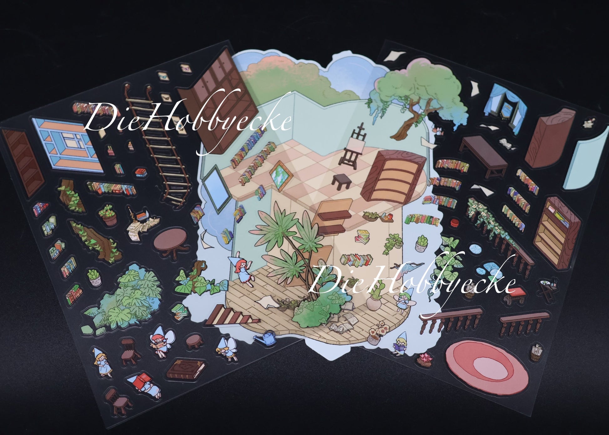 3D Scene Sticker Motiv Elfen-Bibliothek