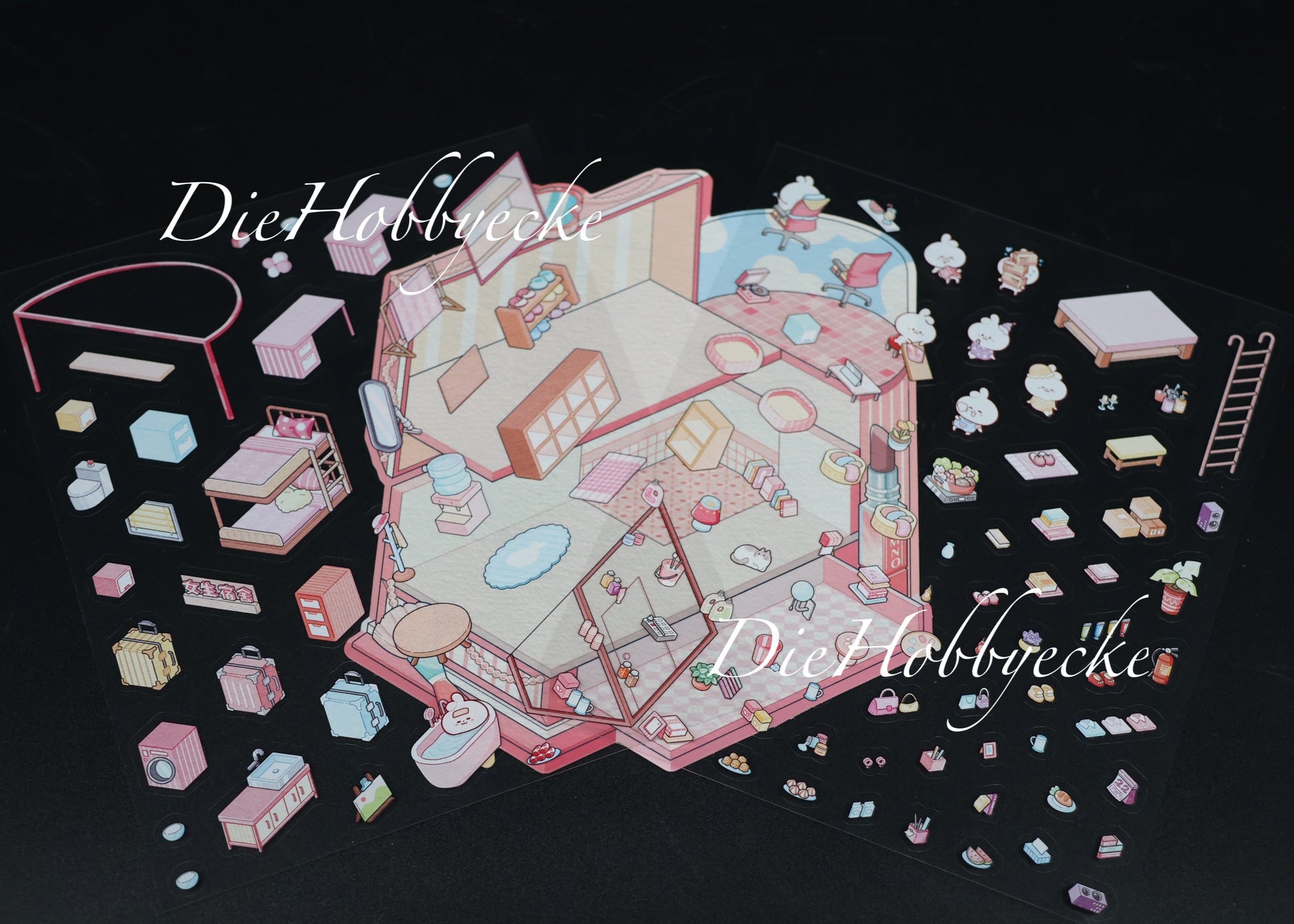 3D Scene Sticker Motiv rosa Schlafsaal