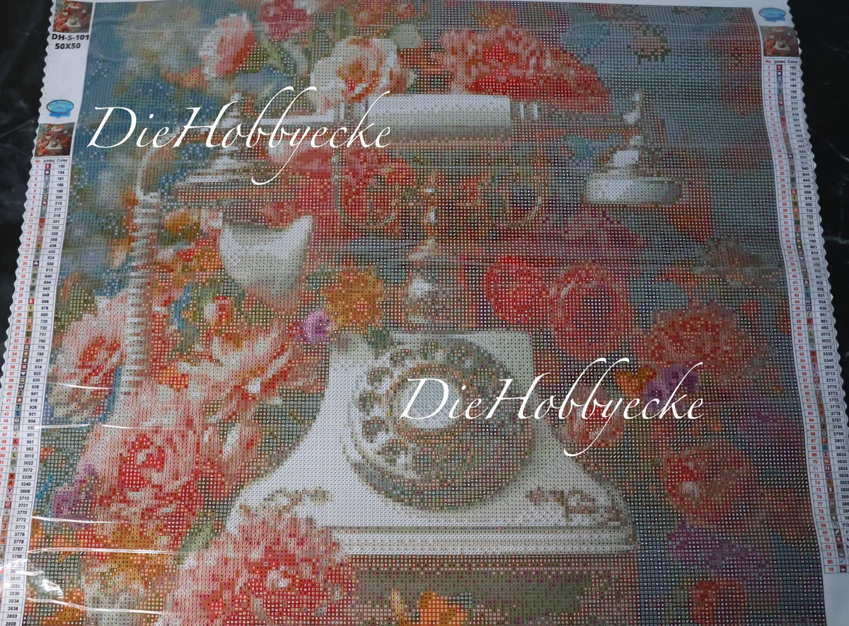 Diamond Painting Bild antikes Blumen-Telefon