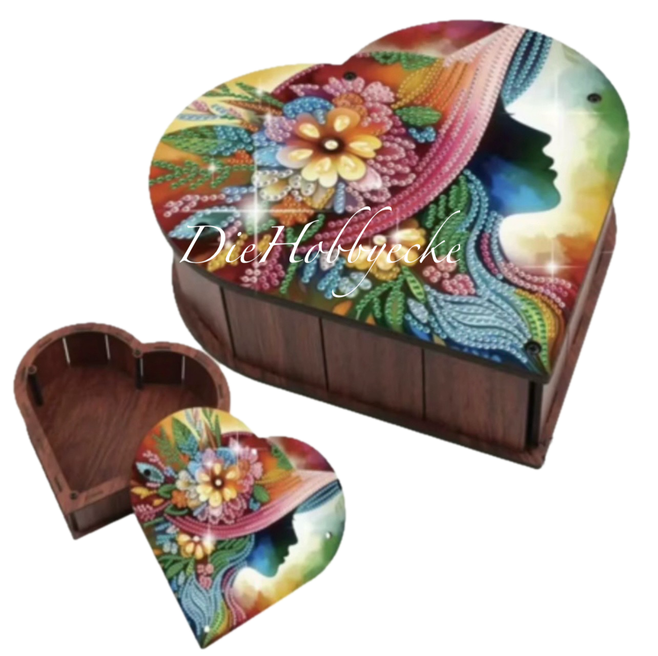 Diamond Painting Herz Holz-Schatulle mit eleganter Dame