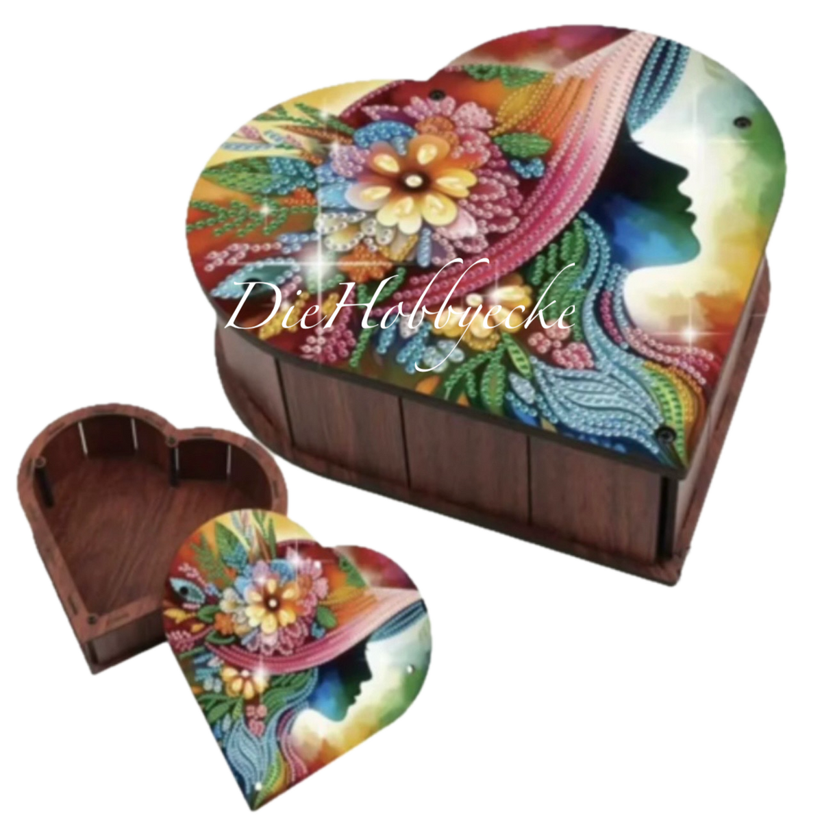 Diamond Painting Herz Holz-Schatulle mit eleganter Dame