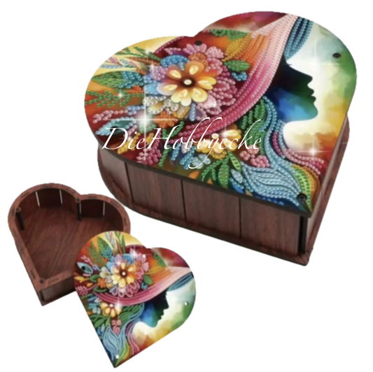 Diamond Painting Herz Holz-Schatulle mit eleganter Dame