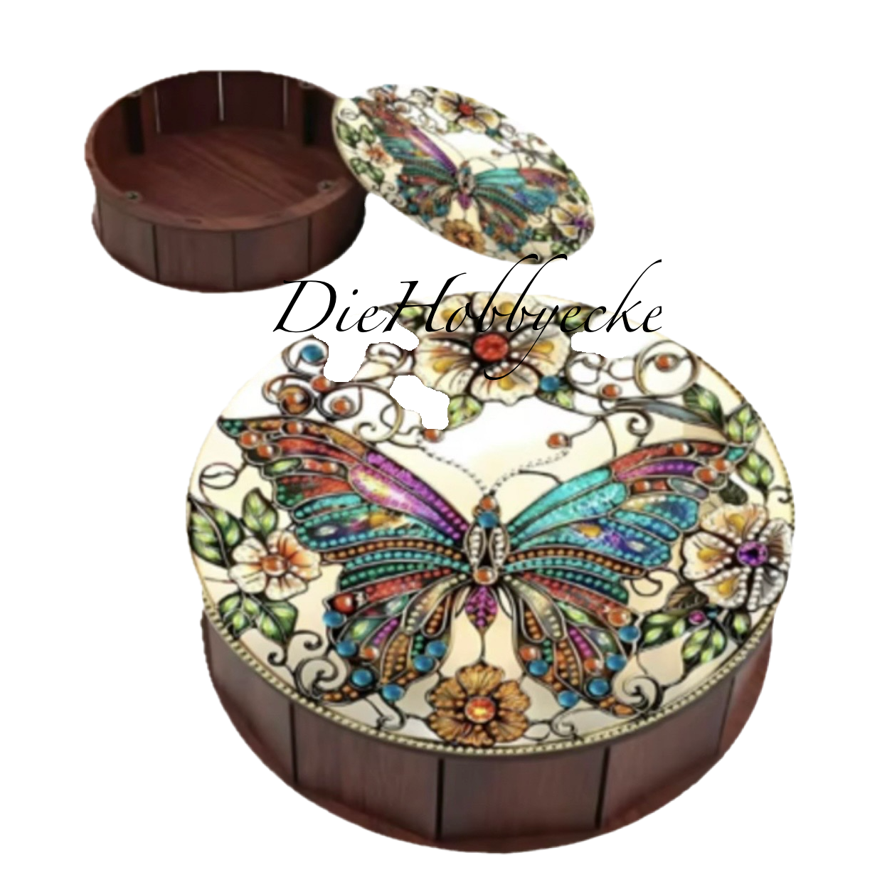 Diamond Pairing runde Schatulle mit Schmetterling und Blumen