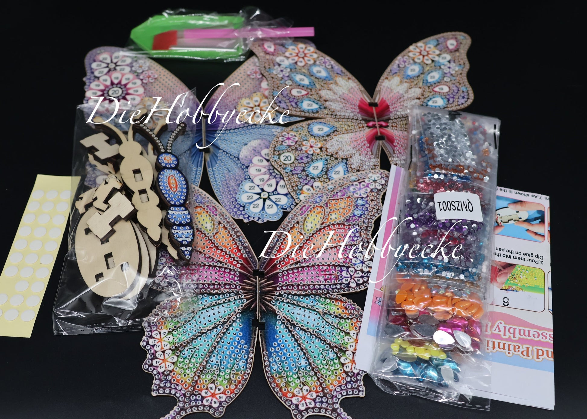 Diamond Painting 3 bunte Schmetterlinge auf Holz für Wand