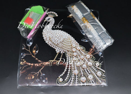 Diamond Painting Teilbild gold weißer Pfau 