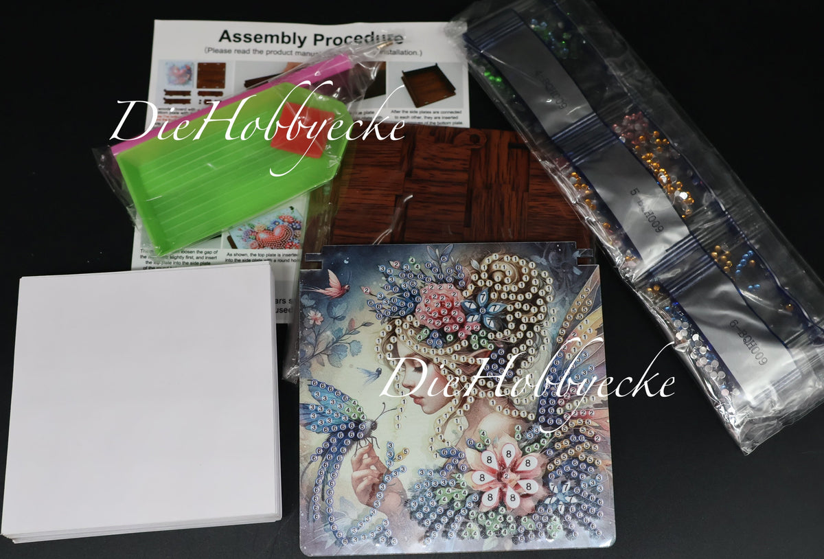 Diamond Painting Zettelbox aus Holz mit Elfe