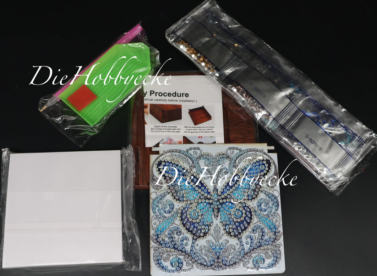 Diamond Painting Zettelbox aus Holz mit Schmetterling